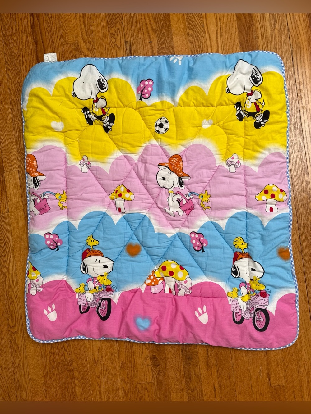 Vintage Peanuts Snoopy & Woodstock Toddler Quilt - Blue, Yellow, Pink